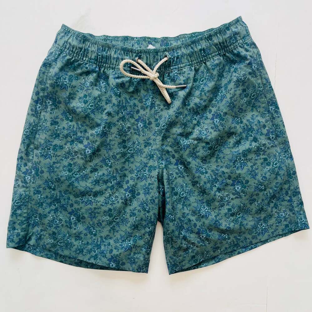 Fair Harbor Men's Green Blue Floral Swim Trunks Lined Shorts Size Small